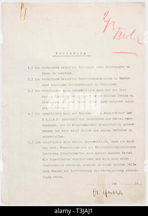 Joseph Goebbels, une déclaration pour les élections du Parlement européen 1928 DIN A4, un engagement en cinq points, pour être signée par chaque délégué NSDAP potentiels avant l'élection. Quelques extraits (trad.) : "1.) Je confirme que nous n'avons aucune affiliation ou de relations avec les Juifs. 2.) Je confirme à aucun membre du conseil de surveillance d'une banque ou une autre entreprise. 4.) par parole d'honneur, je m'engage à respecter les intérêts de la partie en tout temps, en tant que membre de la NSDAP pour reconnaître les 25 points de l'ordre du jour, et à moi-même subordonné à Adolf Hitler et à ses ordres." l'encre manuscrite, signature sur le Editorial-Use-seulement Banque D'Images