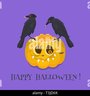 Une orange citrouille stupide avec un cerveau est ouvert sur fond violet sur Il existe deux corbeaux noirs peck cerveau de citrouille. Illustration de Vecteur