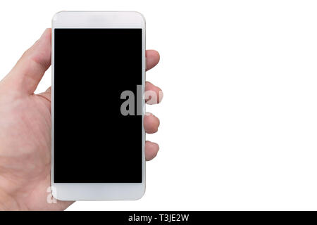 La main des hommes avec le smartphone sur fond blanc. Banque D'Images