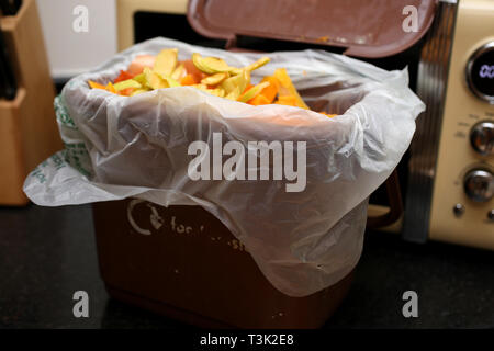 Vues générales des déchets alimentaires recueillies pour une boîte de recyclage des déchets alimentaires marron dans une maison à Southampton, Hampshire, Royaume-Uni. Banque D'Images