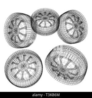 Dessin à l'ordinateur de roue de voiture. Vue d'en haut. 3d illustration Banque D'Images