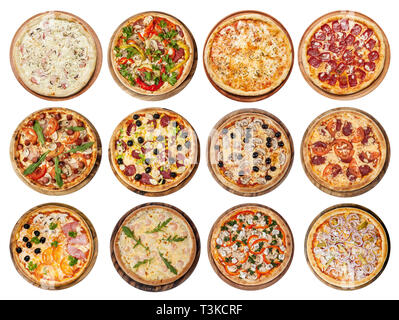 Grand ensemble de pizzas différentes: Jambon aux champignons, barbecue, Peperoni's, mexicain, poulet, viande, italien, Florentina, Bonanza, Margarita, Marinera Banque D'Images
