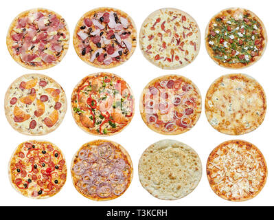 Grand ensemble de pizzas différentes: Jambon aux champignons, barbecue, Peperoni's, mexicain, poulet, viande, italien, Florentina, Bonanza, Margarita, Marinera Banque D'Images
