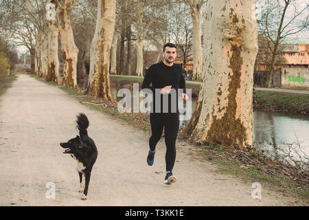 Jeune athlète exécutant canicross avec son border collie dog .jeune homme s'exécute avec son chien city park. Concept de vie sain.chien actif vie conc Banque D'Images