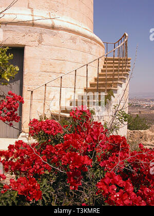 Ancien phare près de Kato Pafos, Chypre, entouré de bougainvilliers brillant Banque D'Images