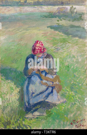 Camille PISSARRO (1830) 1903 Paysanne Tricotant Gouache - Collection Privée 1881 Banque D'Images