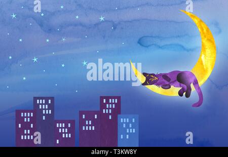 Violet cat sleeps on a crescent over the night city. Set of illustrations with a funny kitten character. Banque D'Images