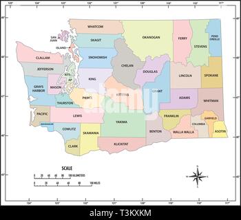 Aperçu de l'état de Washington aux niveaux administratif et politique carte vectorielle en couleur Illustration de Vecteur