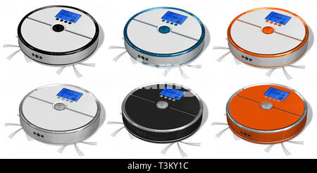 Ensemble d'aspirateur robot automatisé isolé sur blanc. Banque D'Images