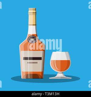 Bouteille de cognac et le verre. Boire de l'alcool du Cognac. Vector illustration style de télévision Illustration de Vecteur