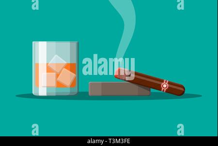 Verre de whisky avec cigare et cendrier. L'alcool Premium, le tabac. Bourbon boisson alcoolisée, produits du tabac. Concept de vie de luxe. Vector illustr Illustration de Vecteur