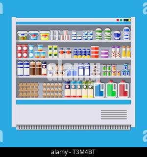 Showcase réfrigérateur pour refroidir les produits laitiers. Boîtes et bouteilles de différentes couleurs dans un réfrigérateur. Distributeur de machine de refroidissement de réfrigérateur. Lait, yogourt, sour Illustration de Vecteur