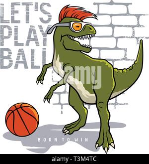 Illustration vecteur de dinosaures et slogan cool pour t shirt design. Tyrannosaure jouant au basket-ball. Athletic graphic tee Illustration de Vecteur