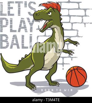 Illustration vecteur de dinosaures et slogan cool pour t shirt design. Tyrannosaure jouant au basket-ball. Athletic graphic tee Illustration de Vecteur