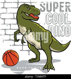 Et le slogan de dinosaures typographie pour t shirt design. Tyrannosaure Rex jouant au basket-ball sur l'arrière-plan de mur de briques. Athletic graphic tee. Vecteurs Illustration de Vecteur