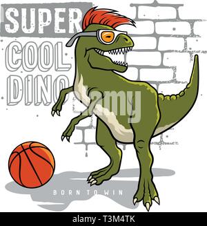 Et le slogan de dinosaures typographie pour t shirt design. Tyrannosaure Rex jouant au basket-ball sur l'arrière-plan de mur de briques. Athletic graphic tee. Vecteurs Illustration de Vecteur