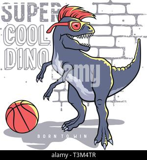 Et le slogan de dinosaures typographie pour t shirt design. Tyrannosaure Rex jouant au basket-ball sur l'arrière-plan de mur de briques. Athletic graphic tee. Vecteurs Illustration de Vecteur