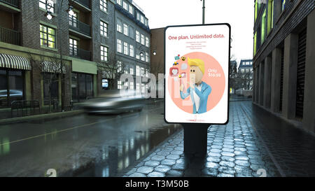 Plan mobile panneau publicitaire on city street au rendu 3D en soirée Banque D'Images