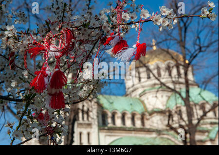 Martenitsi accrochée à la branche d'un arbre à l'extérieur de la cathédrale Alexandre Nevski, à Sofia, Bulgarie, Europe. Banque D'Images