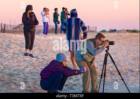 Les touristes de prendre des photos du lever du soleil à la Saint John's County Ocean Pier, le 21 mars 2016, à Saint Augustine, en Floride. Banque D'Images