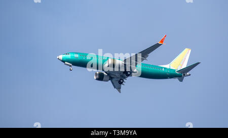 Seattle, Washington, USA - 6 avril 2019 un Boeing 737 MAX 8 avion commence à baisser son train d'atterrissage en préparation de l'atterrissage à Boeing Field Banque D'Images