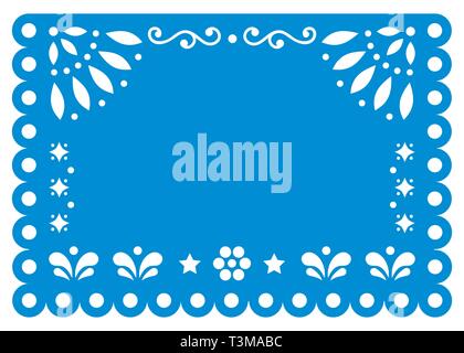 Papel Picado vector template design en bleu avec aucun texte, papier mexicain décoration avec des fleurs et des formes géométriques - carte de voeux ou d'invitation Illustration de Vecteur