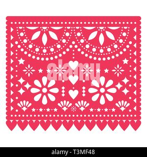 Papel Picado vector template design floral avec des formes abstraites, des décorations en papier mexicain motif rose, rouge bannière fiesta traditionnelle Illustration de Vecteur