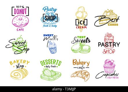 Des croissants et des gâteaux, pâtisserie, boulangerie esquisse pour boutique Illustration de Vecteur