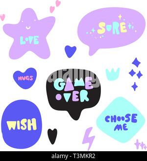 Hand drawn vector illustration d'une kawaii funny autocollants et des phrases. Objets isolés sur fond blanc. Teen Spirit, enfants imprimer. Illustration de Vecteur