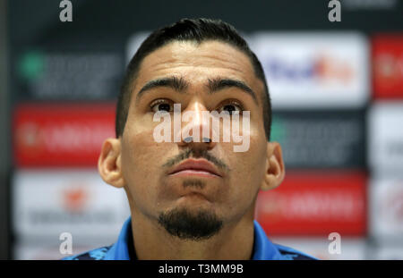 Napoli's Allan Marques Loureiro au cours de la conférence de presse à l'Emirates Stadium, Londres. Banque D'Images