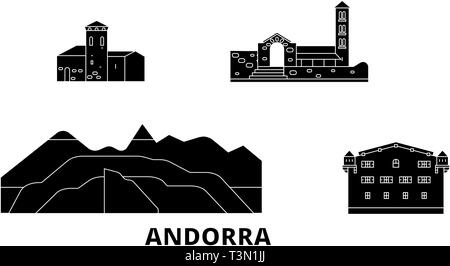 Andorre télévision billet skyline set. Andorre ville noire, symbole d'illustration vectorielle, les sites touristiques, sites naturels. Illustration de Vecteur