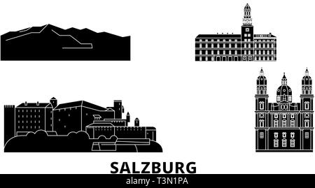 L'Autriche, Salzbourg voyage télévision set skyline. L'Autriche, Salzbourg ville noire, symbole d'illustration vectorielle, les sites touristiques, sites naturels. Illustration de Vecteur