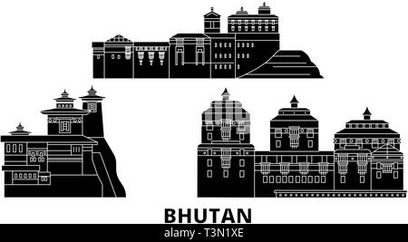 Bhoutan voyage télévision set skyline. Bhoutan ville noire, symbole d'illustration vectorielle, les sites touristiques, sites naturels. Illustration de Vecteur