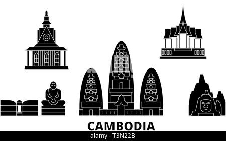 Cambodge voyage télévision set skyline. Cambodge ville noire, symbole d'illustration vectorielle, les sites touristiques, sites naturels. Illustration de Vecteur