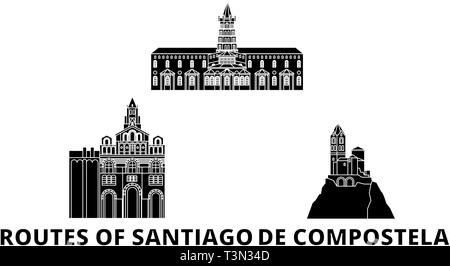 En France, les itinéraires de Santiago De Compostela voyage télévision set skyline. En France, les itinéraires de Saint Jacques De Compostelle ville noire, symbole d'illustration vectorielle Illustration de Vecteur