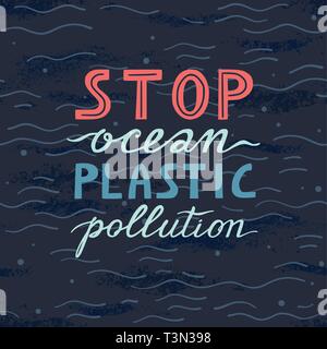 Bannière de l'environnement déchets plastiques Poubelle la vie marine dans notre océan et arrêter la pollution plastique texte décor. Vector illustration lettrage. Illustration de Vecteur