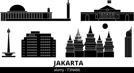 L'Indonésie, Jakarta voyage télévision set skyline. L'Indonésie, Jakarta ville noire, symbole d'illustration vectorielle, les sites touristiques, sites naturels. Illustration de Vecteur