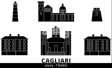 L'Italie, Cagliari voyages télévision. skyline L'Italie, Cagliari ville noire, symbole d'illustration vectorielle, les sites touristiques, sites naturels. Illustration de Vecteur