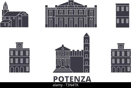 L'Italie, Potenza télévision billet skyline set. L'Italie, Potenza ville noire, symbole d'illustration vectorielle, les sites touristiques, sites naturels. Illustration de Vecteur