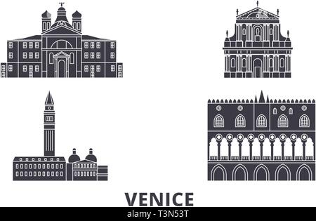 Italie, Venise Vue télévision billet skyline set. Italie, Venise vue ville noire, symbole d'illustration vectorielle, les sites touristiques, sites naturels. Illustration de Vecteur