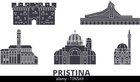 Kosovo, Pristina télévision billet skyline set. Kosovo, Pristina ville noire, symbole d'illustration vectorielle, les sites touristiques, sites naturels. Illustration de Vecteur