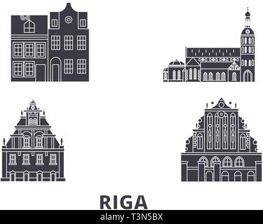 La Lettonie, Riga voyage télévision set skyline. La Lettonie, Riga ville noire, symbole d'illustration vectorielle, les voyages touristiques, monuments. Illustration de Vecteur