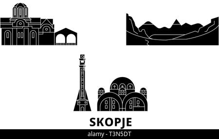 Macédoine, Skopje voyage télévision set skyline. Macédoine, Skopje ville noire, symbole d'illustration vectorielle, les sites touristiques, sites naturels. Illustration de Vecteur