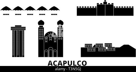 Mexico, Acapulco voyage télévision set skyline. Le Mexique, Acapulco ville noire, symbole d'illustration vectorielle, les voyages touristiques, monuments. Illustration de Vecteur