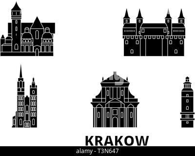 Pologne, Cracovie voyages télévision set skyline. Pologne, Cracovie ville noire, symbole d'illustration vectorielle, les sites touristiques, sites naturels. Illustration de Vecteur