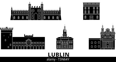 Pologne, Lublin télévision billet skyline set. Pologne, Lublin ville noire, symbole d'illustration vectorielle, les sites touristiques, sites naturels. Illustration de Vecteur