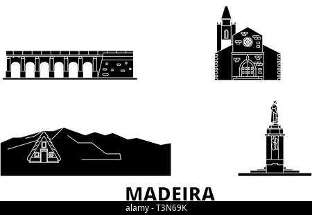 Portugal, Madère voyage télévision set skyline. Portugal, Madère ville noire, symbole d'illustration vectorielle, les sites touristiques, sites naturels. Illustration de Vecteur