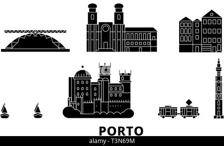 Portugal, Porto voyage télévision set skyline. Portugal, Porto ville noire, symbole d'illustration vectorielle, les sites touristiques, sites naturels. Illustration de Vecteur