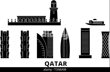 Qatar, Doha télévision billet skyline set. Qatar, Doha ville noire, symbole d'illustration vectorielle, les sites touristiques, sites naturels. Illustration de Vecteur