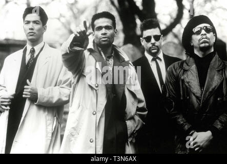 Russel Wong, directeur Mario Van Peebles, Judd Nelson, et ICE-T sur l'ensemble du film New Jack City, 1991 Banque D'Images